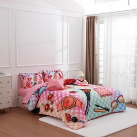 Aimuan Fashion Girl Comforter Sets Cosmetic Perfume Bag Lipstick Diva Pink Quilt Set Nail Polish Pattern Decorative Quilted 6 Pcs Makeup Bedding Set with 2 Pillowcases (Rainbow, Twin 6Pcs)