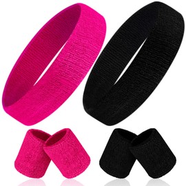 6 Pieces Kids Sweatband Set Sports Headband Wristband Set Boys Girls Headband Wristbands Sweat Bands Set for Basketball Football Running 2 Headbands and 4 Wristbands(Rose Pink, Black)