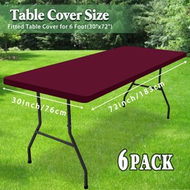 6 Pack 6 Foot Picnic Table Cover Fitted Elastic Tablecloth for Rectangle Tables Waterproof Stretch Washable Folding Indoor Outdoor Spandex Table Cloth for Parties Banquet Camping (Wine Red,30" x 72")