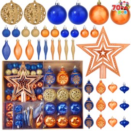 Joiedomi 70Pcs Assorted Christmas Ornaments Set with Ball Ornaments, Star Topper and Heart, Hanging Shatterproof Christmas Ornaments for Holidays and Xmas Tree Ornaments (Blue, Orange and Gold)