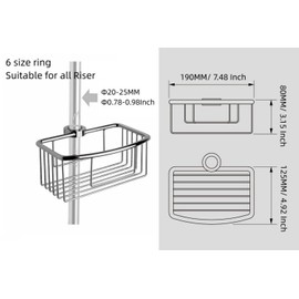 Frafuo Shower Pole Caddy for Shower-6 Size Riser Ring NO Drilling Tension Shower Caddy Basket for Bathroom-SUS 304 Chrome Shower Caddy-Small Shower Caddy Pole with Luxury Standard
