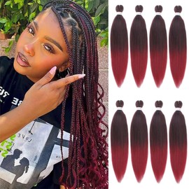 Kachanaa 16 Inch Pre Stretched Braiding Hair 8 Packs EZ Braids Yaki Hot Water Setting Kanekalon Hair for Braiding Yaki Texture Ombre Bugundy Pre Stretched Braiding Hair Extensions 1B900#