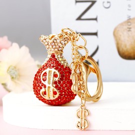 Yienning Crystal Keychain with Sparkly Rhinestones Dollar Sign Car Handbag Pendant Bag Charm Good Luck Fortune Bag Keychain (Red)