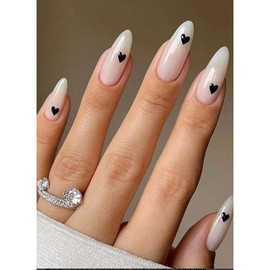 Valentines Day Press on Nails Medium Almond Fake Nails with Black Love Heart Design, Glossy False Nails White Acrylic Nails, Valentine Nails Glue on Nails Medium Length Stick on Nails for Women 24 Pcs