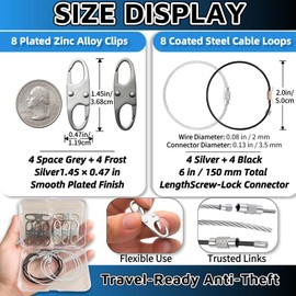 16 PCS Zipper Clips Anti Theft Travel Set, 8 Small S Shaped Locking Carabiner Clips with 8 Coated Steel Cable Loops, Anti Pickpocket Travel Accessories for Backpack Purse Bag Luggage