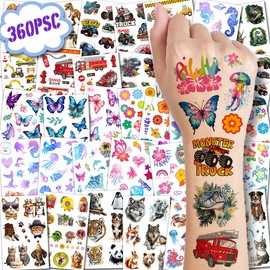 CHARLENT Temporary Tattoos for Kids - 320 Mixed Styles (36 Sheets) Tattoo Stickers Set for Boys and Girls, Car Dinosaur Hawaii Mermaid Watercolor Animals Tattoos for Kids Birthday Party Supplies