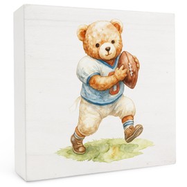 Bear Football Wood Box Sign 5x5 Inch, Bear Nursery Decor, Vintage Cute Bears Football Player Wood Box Signs for Nursery Kids Boys Girls Room Bedroom Home Office Shelf Table Desk Decor