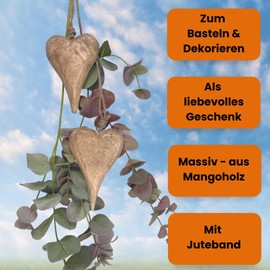 2 x Wooden Heart Pendants, 15 x 10 cm, Solid Wooden Hearts for Hanging, Wooden Decoration, Wedding Decoration, Room Decoration, Window Decoration