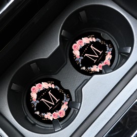 2pcs Letter M Car Coasters,Absorbent Universal neoprener Cup Holder Coasters with a Finger Notch,Car Accessories for Women&Man Interior，2.75"