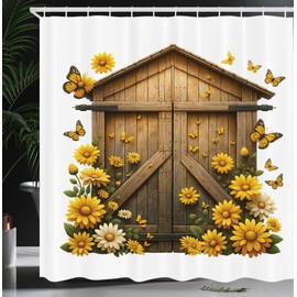 ABAKUHAUS Rustic Shower Curtain, Farmhouse Lover Countryside Wooden Barn Cottage Summer Flowers Butterfly, Cloth Fabric Bathroom Decor Set with Hooks, 78 Inches, Earth Yellow and Cocoa