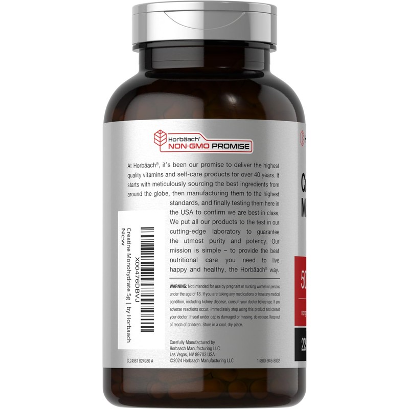 Horbäach Creatine Monohydrate | 5g | 225 Capsules | Non-GMO,