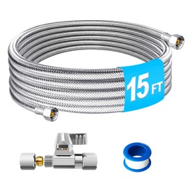 Refrigerator Water Line Kit - 15FT Stainless Steel Braided Ice Maker Water Line with Brass Ball Valve,Foodgrade PEX Inner Hose Fridge Water Line with 1/4" Comp Fitting and 1/4" Comp Valve