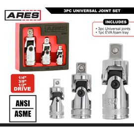 ARES 37001-3-Piece Universal Joint Socket Set - Includes 1/4-Inch, 3/8-Inch, and 1/2-Inch Drive U-Joints - Storage Rail Included