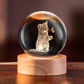 IFOLAINA 3D Cat Themed Gifts for Women Decor for Cat Lovers Cat Mom Crystal Ball Cat Related Sympathy Figurines Presents with Wooden Light Base