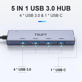 USB 3.0 HUB, TSUPY USB Splitter with 5 USB Ports and 4ft Extended Cable,Ultra-Slim Aluminium Data Hub Multi USB 3.0 Adapter HUB for Laptop,MacBook,PC, Printer, Mobile HDD and More