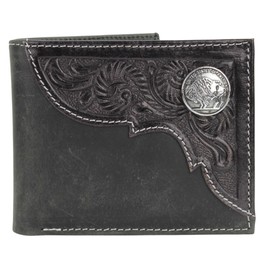 American Bison Tooled Side Bifold Wallet with Conchos–Oil Pull Up Classic Western Craftsmanship & RFID Protection (Buffalo Nickle, Black)