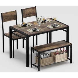 JUMMICO 43.3" Dining Table Set for 4, Kitchen Table with Bench & 2 Chairs Modern Rectangular Metal Frame Dining Furniture Set for Small Space (Rustic Brown)
