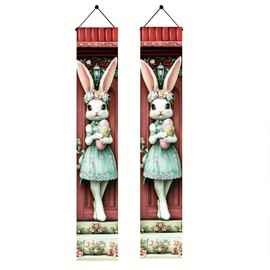 Starlit Patio 2PCS Happy Easter Bunny Rabbit Porch Banner Sign Eggs Front Door Decorative Hanging Welcome Banner for Front Door Spring Seasonal Decoration Home Outdoor Decor 78x12 inch