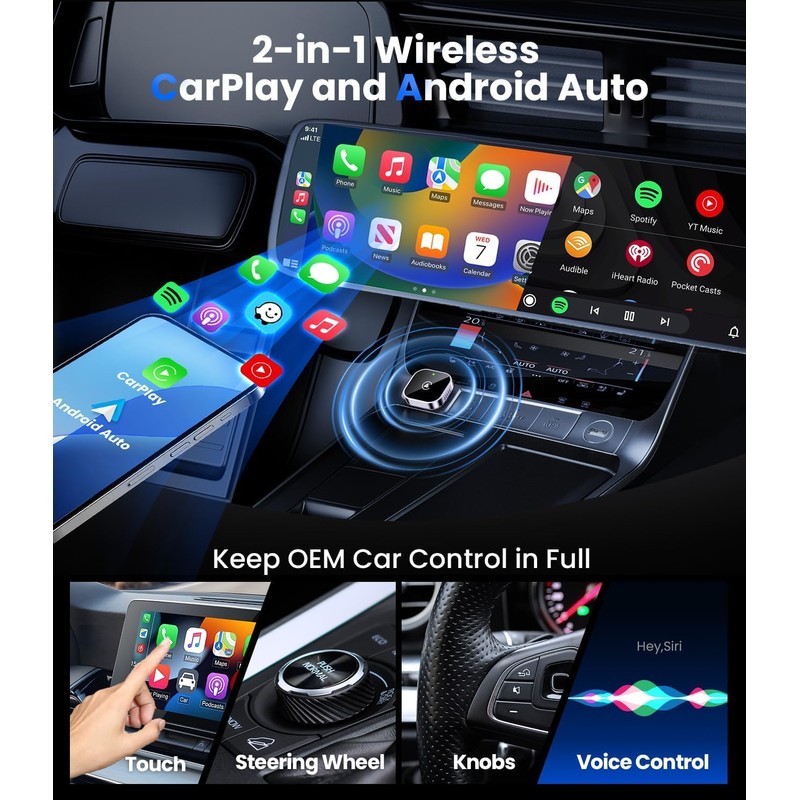 Teeran 2 in 1 Wireless CarPlay and Android Auto Adapter,