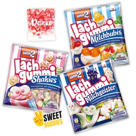 Milchbubis, Milchgeister, Shakies je 225g + Trolli Bären „Danke“ 10g + Sticker – Fruchtgummi mit Vitaminen & Milch, Süßigkeiten Mix, lustige Naschbox, Gummibärchen, Lachgummi Yogurt