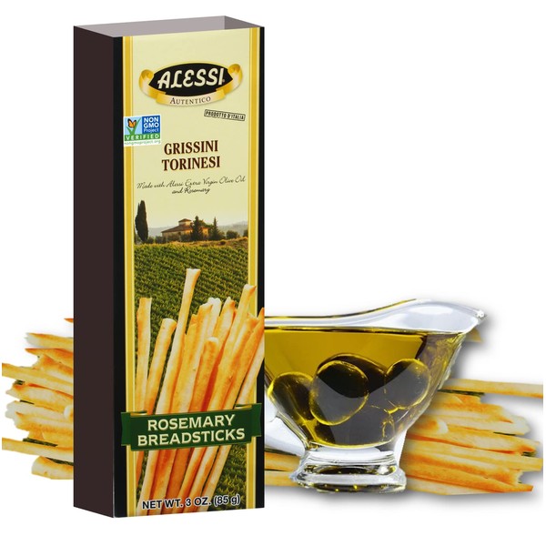 Alessi Imported Breadsticks, Rosemary Autentico Italian Crispy Bread Sticks, Low Fat Made with Extra Virgin Olive Oil, 3oz (Rosemary, 3 Ounce (Pack of 3))
