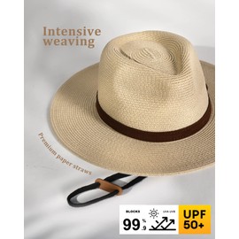 FURTALK Unisex Panama Hat Wide Brim Sun Hat for Men and Women Summer Hat UV Protection Beach Hat Adjustable Straw Hat, Beige+Belt
