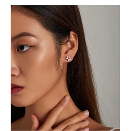 PAHALA 925 Sterling Silver Pink Cherry Blossom Flower CZ Elegant Stud Earrings Wedding
