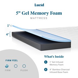 Lucid 5 Inch Gel Memory Foam Mattress - Firm Feel - Gel Infusion - Memory Foam Infused with Bamboo Charcoal - Breathable Cover - Twin XL
