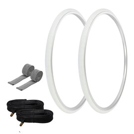 PRO+ Pair of Bike Bicycle TIRE 700 X 25 White/White SIDEWALL (2) Tires W/Tubes 33MM Schrader Valve, Rim Strips P-1035