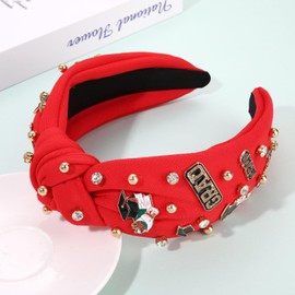 NVENF Graduation Cap Headband for Women, Wide Top Knot Headband with Rhinestone Graduation Cap, Gown, A+, GRAD Charms and Red Tassels, Graduation Gifts for Her, Party Decorations (Red)