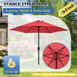 Sunnyglade 9FT Outdoor Patio Umbrella, Market & Table Umbrella with 6 Sturdy Ribs and Crank System, Fade-resistant & Waterproof for Garden Backyard Poolside Deck (Red, 9FT)