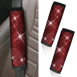 GAOLAOSY 2PCS Bling Car Seat Belt Covers, Rhinestone Crystal Vehicle Seat Strap Cushion, Glitter Car Seatbelt Shoulder Protection Pad, Auto Interior Decoration Accessory for Cars, Trucks (Red)