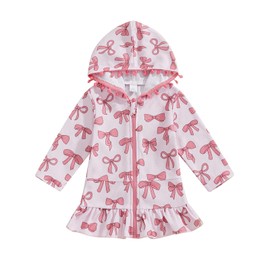 Girls Terry Cloth Swim Cover Up Zip Up Hooded Bathing Suit Coverup Wraps Rufled Kids Pool Beach Robe Cover-Up Dress (Bow Pink, 5-6 years)