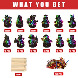 JarThenaAMCS 120Pcs Winter Snowman Scratch Paper Rainbow DIY Scratch Art Magic Scratch Off Cutout with 120Pcs Ribbons 60Pcs Wooden Styluses for Christmas Craft Party Game
