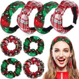 4 Diademas de Copos de Nieve Cuadros de Navidad 4 Gomas para Pelo a Cuadros Diadema Anudada Navideña Cinta para Pelo a Cuadros con Scrunchies de Pelo (Rojo Verde,Copo de Nieve,undefined)