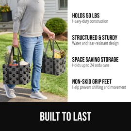 GORILLA GRIP 50lb Large Capacity Reusable Grocery Shopping Bags, 3 PK, Tear Resistant Heavy Duty Tote with Reinforced Handles, Grip Feet, Easily Carry Groceries Supplies Toys, 13x10x11, Paw Gray Black