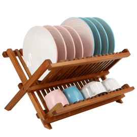 Utoplike Teak Dish Drainer Rack Collapsible 2 Tier Dish Rack Dish Drying Rack Foldable Plate Organizer Holder for Kitchen Compact