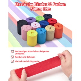 ZITFRI Elastic Bands, Wide Sewing, 12 m, 5 cm Width, Elastic Bands, 12 Colours, Webbing Sewing Fabrics for Sewing for Household, DIY Clothing, Skirt, Waistband, Wig Bands, Waist Band, Sports Shoes