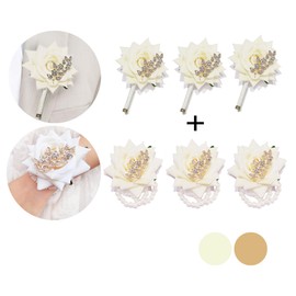 YIFUwedding velvet rose groom's corsage, best man's corsage, Set of 6, red ivory navy blue wedding ball, wedding corsage (white3 corsage and 3 wrist flowers)
