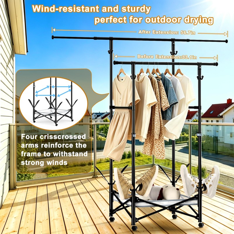 Portable Foldable Clothes Drying Rack - Adjustable Double Extendable Rods