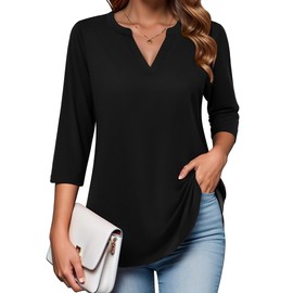 Zeagoo 3/4 Sleeve Tops for Women Tunic Blouse Quarter Length Sleeve Tops Vneck Shirts Black L