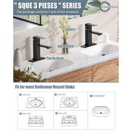Casavilla Bathroom Faucets Set with Pop Up Drain, Modern Single Handle Black Bathroom Sink Faucet w/Deck Plate(1 or 3 Hole), Farmhouse RV Vanity Sink Faucet-2 Sets, baño lavamanos Llave