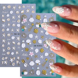 5D Embossed Beach Nail Stickers 2PCS Ocean Nail Decals White Gold Shell Starfish Conch Summer Nails Design Stickers Self-Adhesive Nail Art Supplies for Women Manicure Decorations