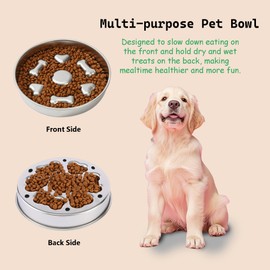 Cilkus Slow Feeder Dog Bowl Stainless Steel, 3 Cups Large Capacity, Designed to Slow Down Eating, Double-Sided Design Ideal for All Dog Sizes