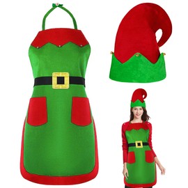 Yezmo Christmas Elf Apron and Hat Set, Elf Costume Adult Women with Christmas Elf Hat Elf Apron for Teens Children Men for Christmas Party Costume, Green