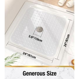HITSLAM Shower Bathtub Mat Non Slip, 24"x 24" Bath Mat for Tub, Soft PVC Shower Mats for Inside Shower with Suction Cups and Center Drain Hole, Machine Washable Bathroom Floor Mat, Clear