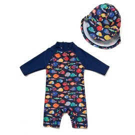BONVERANO Kids UPF 50+ Sun Protection 3/4 Sleeve One Piece Zip Sun Suit with Sun Hat (4T, Colorful Fish)
