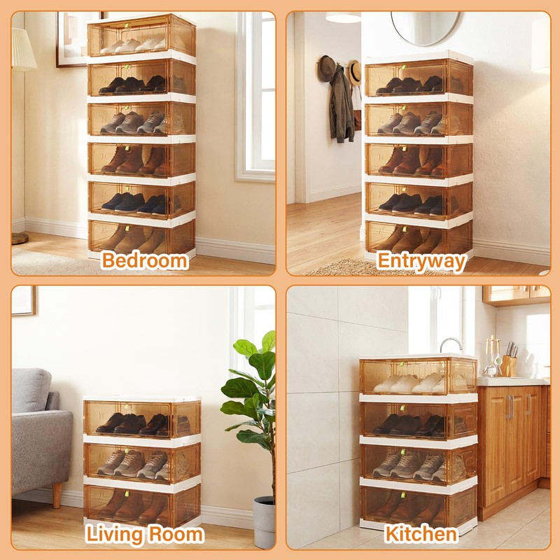 TIMBERHIDE Shoe Rack Organizer for Entryway/Closet,Stackable Magnetic-Door Shoe Boxes,Foldable Space-Saving
