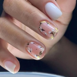 Flower Press on Nails Short Square Fake Nails with Designs Gold Glitter False Nails White Full Cover Glossy Acrylic Nails Summer Glue on Nails Cute Artificial Stick on Nails for Women Manicure 24 Pcs