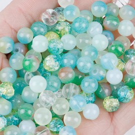 Niziky 100PCS Glass Beads for Jewelry Making, Mix 8MM Green Crackle Lampwork Glass Beads Aurora Crystal Beads Matte Gemstones Spacer Beads Kits for Crafts, Crystal Loose Beads for Bracelet Making